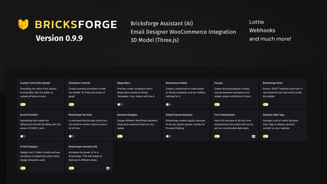 Bricksforge AI, 3D Models, WooCommerce (Email Designer), Webhooks and more! Bricksforge 0.9.9 🚀